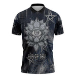 Khonsu Zipper Polo Shirt Ancient Egyptian Dark Feather Pattern, Moonlit Raven Symbol, and Eye Lotus - African Pride