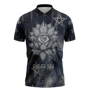 Khonsu Zipper Polo Shirt Ancient Egyptian Dark Feather Pattern, Moonlit Raven Symbol, and Eye Lotus - African Pride