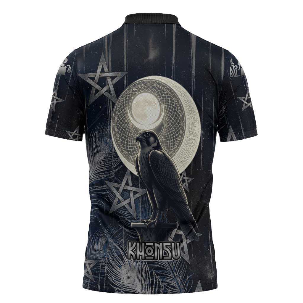 Khonsu Zipper Polo Shirt Ancient Egyptian Dark Feather Pattern, Moonlit Raven Symbol, and Eye Lotus - African Pride