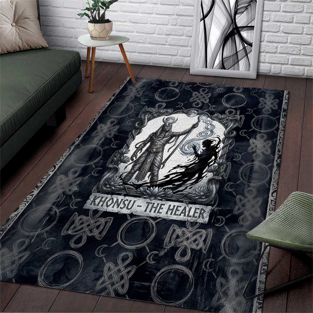 Khonsu Ancient Egyptian Area Rug with Dark Celtic Knot Pattern, Baboon Guardian Symbol, and Moon Healer Motif - African Pride