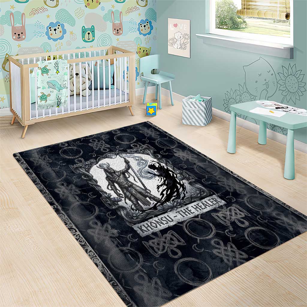 Khonsu Ancient Egyptian Area Rug with Dark Celtic Knot Pattern, Baboon Guardian Symbol, and Moon Healer Motif - African Pride