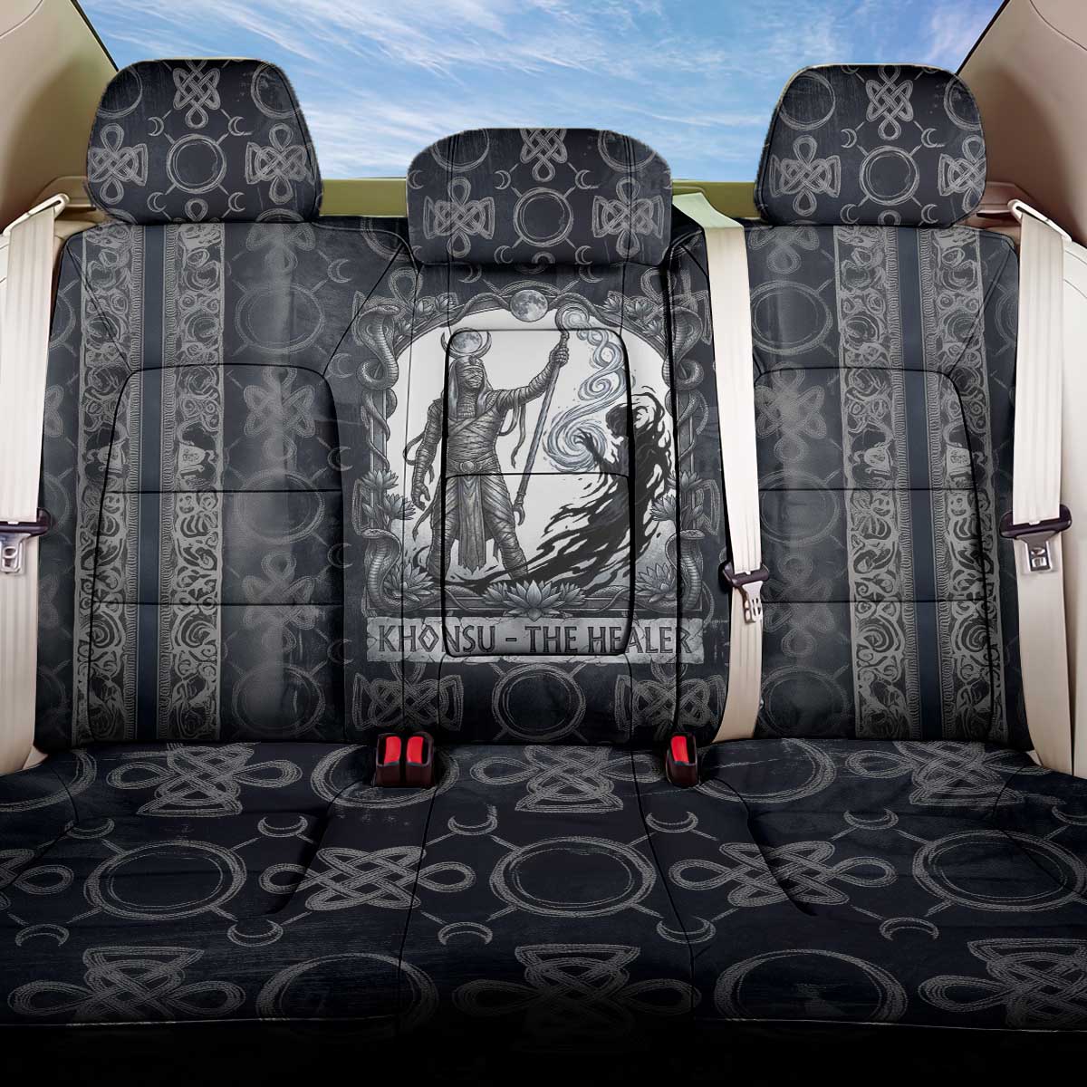 Khonsu Ancient Egyptian Back Car Seat Cover with Dark Celtic Knot Pattern, Baboon Guardian Symbol, and Moon Healer Motif - African Pride