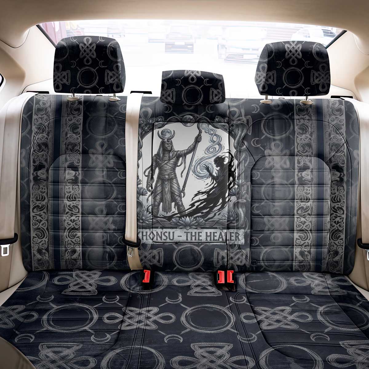 Khonsu Ancient Egyptian Back Car Seat Cover with Dark Celtic Knot Pattern, Baboon Guardian Symbol, and Moon Healer Motif - African Pride