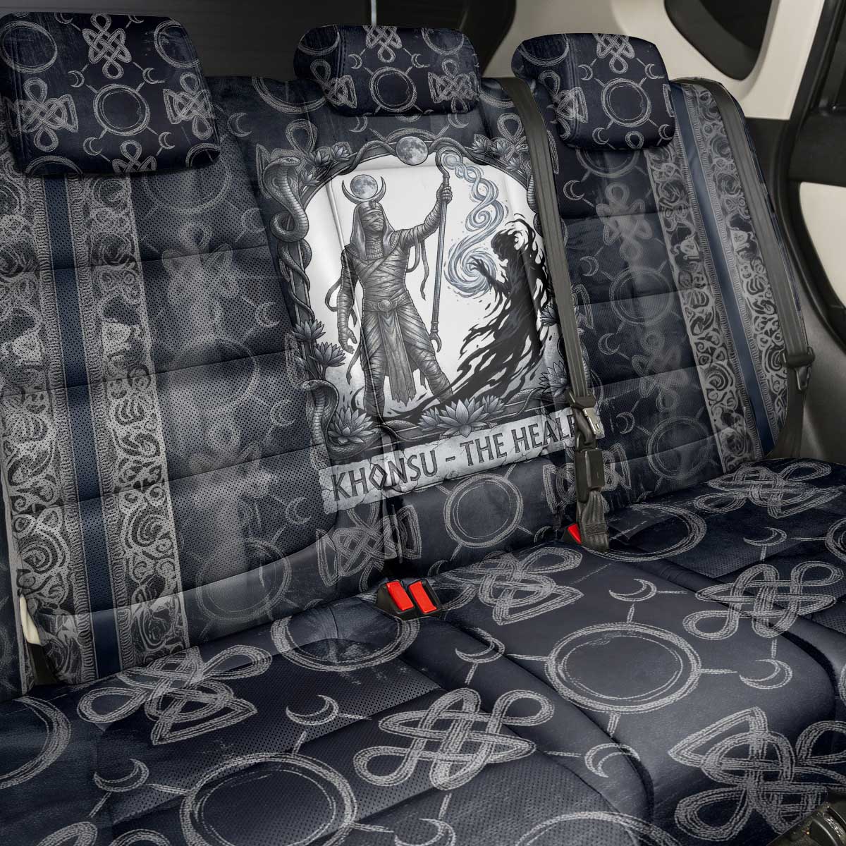 Khonsu Ancient Egyptian Back Car Seat Cover with Dark Celtic Knot Pattern, Baboon Guardian Symbol, and Moon Healer Motif - African Pride