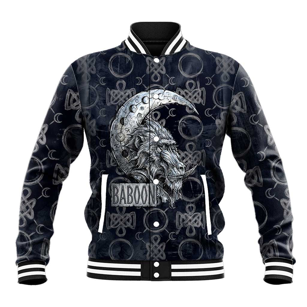 Khonsu Ancient Egyptian Baseball Jacket with Dark Celtic Knot Pattern, Baboon Guardian Symbol, and Moon Healer Motif - African Pride
