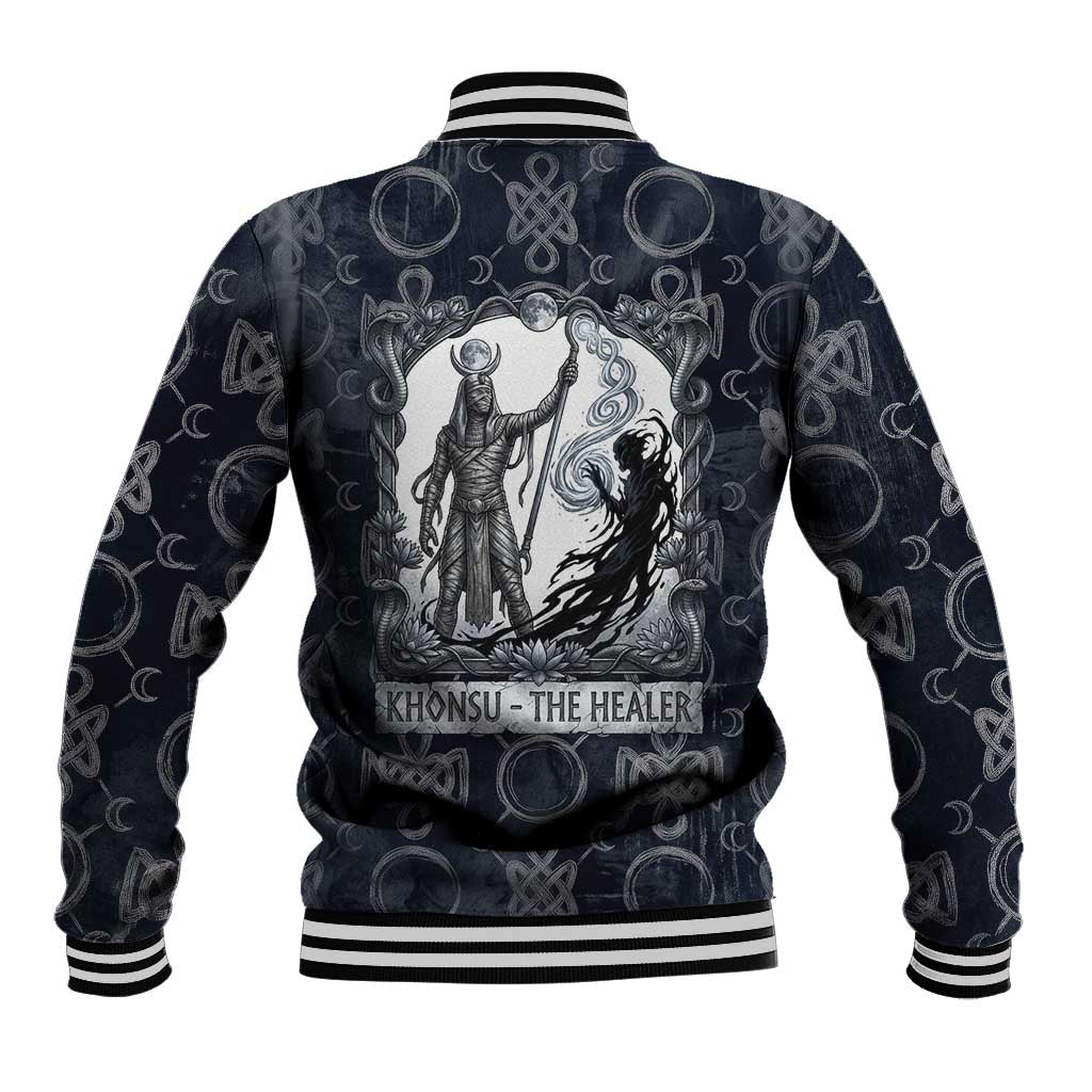 Khonsu Ancient Egyptian Baseball Jacket with Dark Celtic Knot Pattern, Baboon Guardian Symbol, and Moon Healer Motif - African Pride
