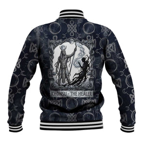 Khonsu Ancient Egyptian Baseball Jacket with Dark Celtic Knot Pattern, Baboon Guardian Symbol, and Moon Healer Motif - African Pride