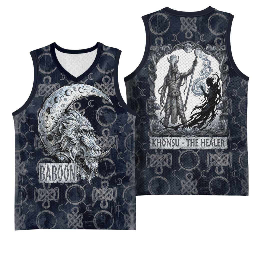 Khonsu Ancient Egyptian Basketball Jersey with Dark Celtic Knot Pattern, Baboon Guardian Symbol, and Moon Healer Motif - African Pride