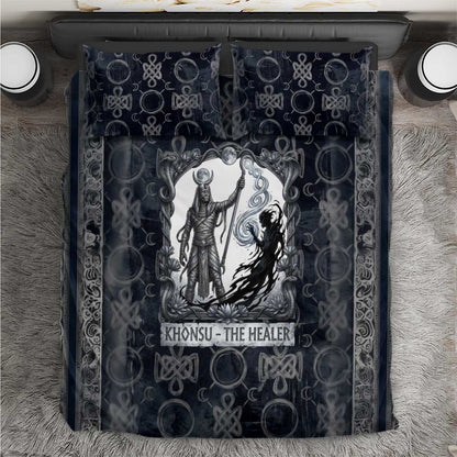 Khonsu Ancient Egyptian Bedding Set with Dark Celtic Knot Pattern, Baboon Guardian Symbol, and Moon Healer Motif - African Pride