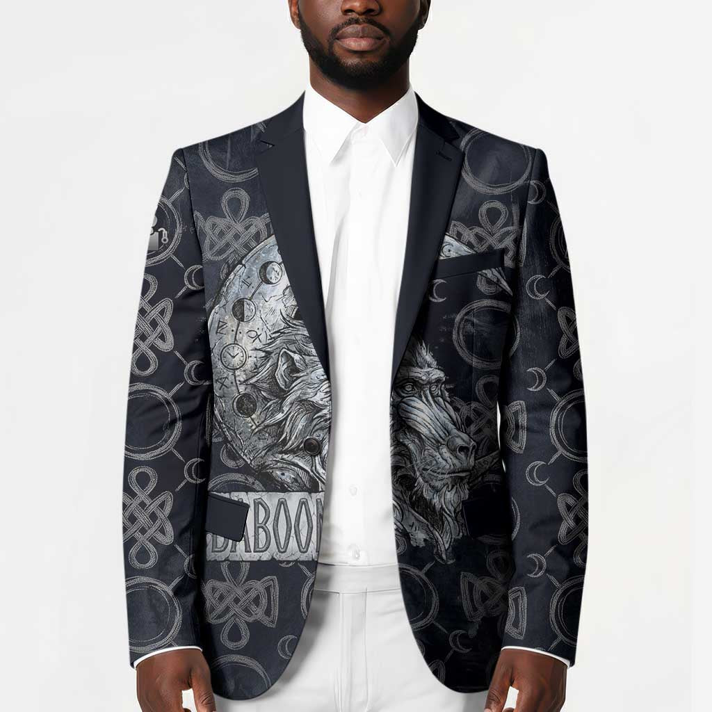 Khonsu Ancient Egyptian Blazer with Dark Celtic Knot Pattern, Baboon Guardian Symbol, and Moon Healer Motif - African Pride