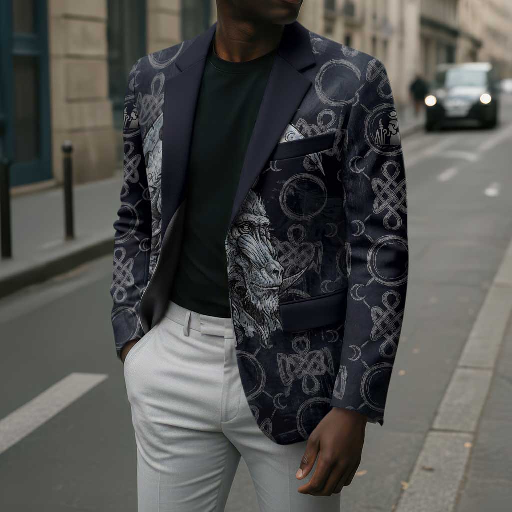 Khonsu Ancient Egyptian Blazer with Dark Celtic Knot Pattern, Baboon Guardian Symbol, and Moon Healer Motif - African Pride