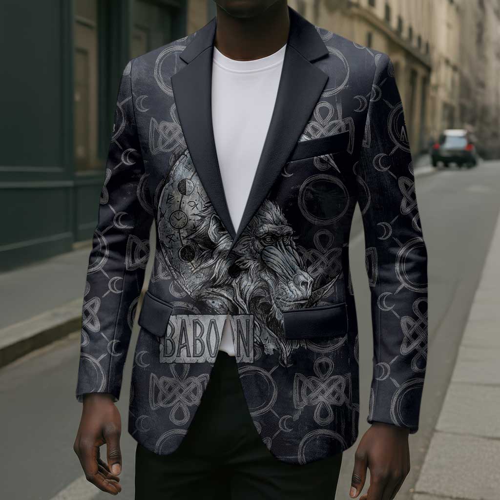 Khonsu Ancient Egyptian Blazer with Dark Celtic Knot Pattern, Baboon Guardian Symbol, and Moon Healer Motif - African Pride