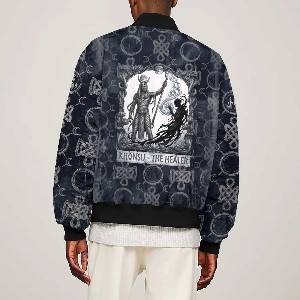 Khonsu Ancient Egyptian Bomber Jacket with Dark Celtic Knot Pattern, Baboon Guardian Symbol, and Moon Healer Motif - African Pride