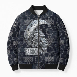 Khonsu Ancient Egyptian Bomber Puffer Jacket with Dark Celtic Knot Pattern, Baboon Guardian Symbol, and Moon Healer Motif - African Pride