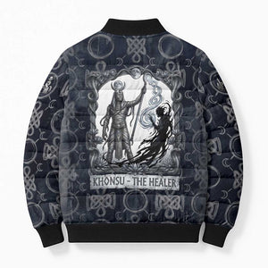 Khonsu Ancient Egyptian Bomber Puffer Jacket with Dark Celtic Knot Pattern, Baboon Guardian Symbol, and Moon Healer Motif - African Pride