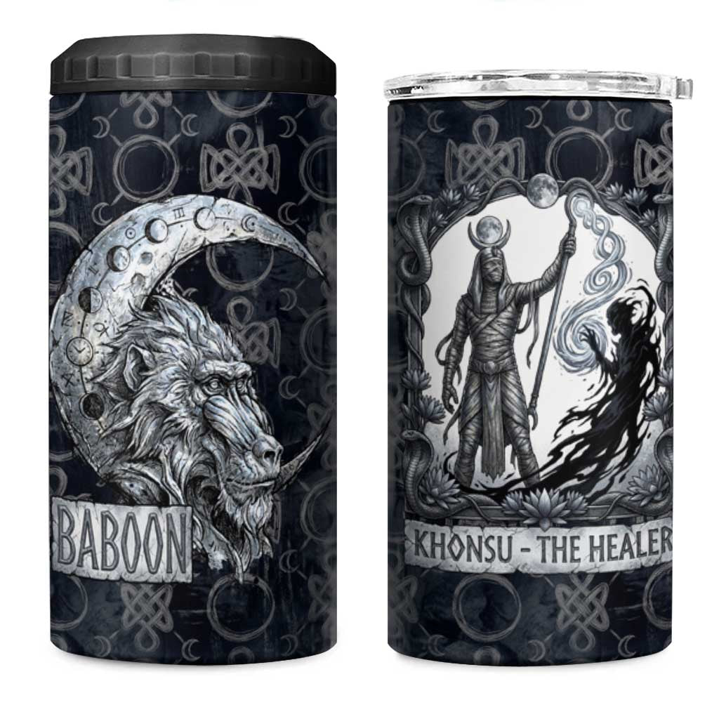 Khonsu Ancient Egyptian 4 in 1 Can Cooler Tumbler with Dark Celtic Knot Pattern, Baboon Guardian Symbol, and Moon Healer Motif - African Pride