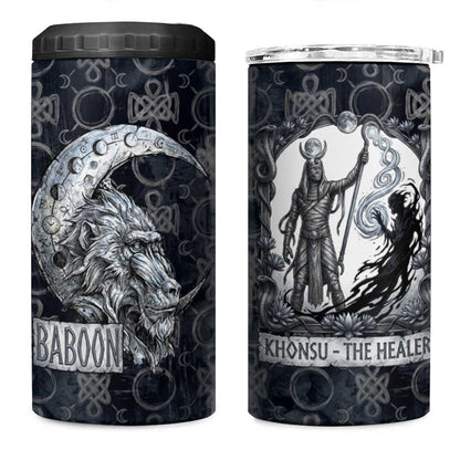 Khonsu Ancient Egyptian 4 in 1 Can Cooler Tumbler with Dark Celtic Knot Pattern, Baboon Guardian Symbol, and Moon Healer Motif - African Pride