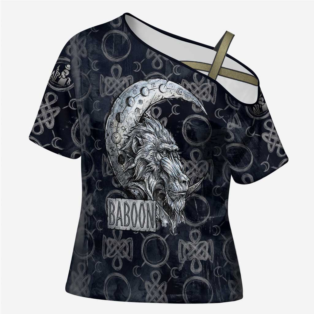 Khonsu Ancient Egyptian Cross Shoulder Shirt with Dark Celtic Knot Pattern, Baboon Guardian Symbol, and Moon Healer Motif - African Pride