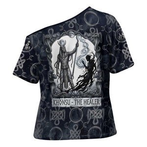 Khonsu Ancient Egyptian Cross Shoulder Shirt with Dark Celtic Knot Pattern, Baboon Guardian Symbol, and Moon Healer Motif - African Pride