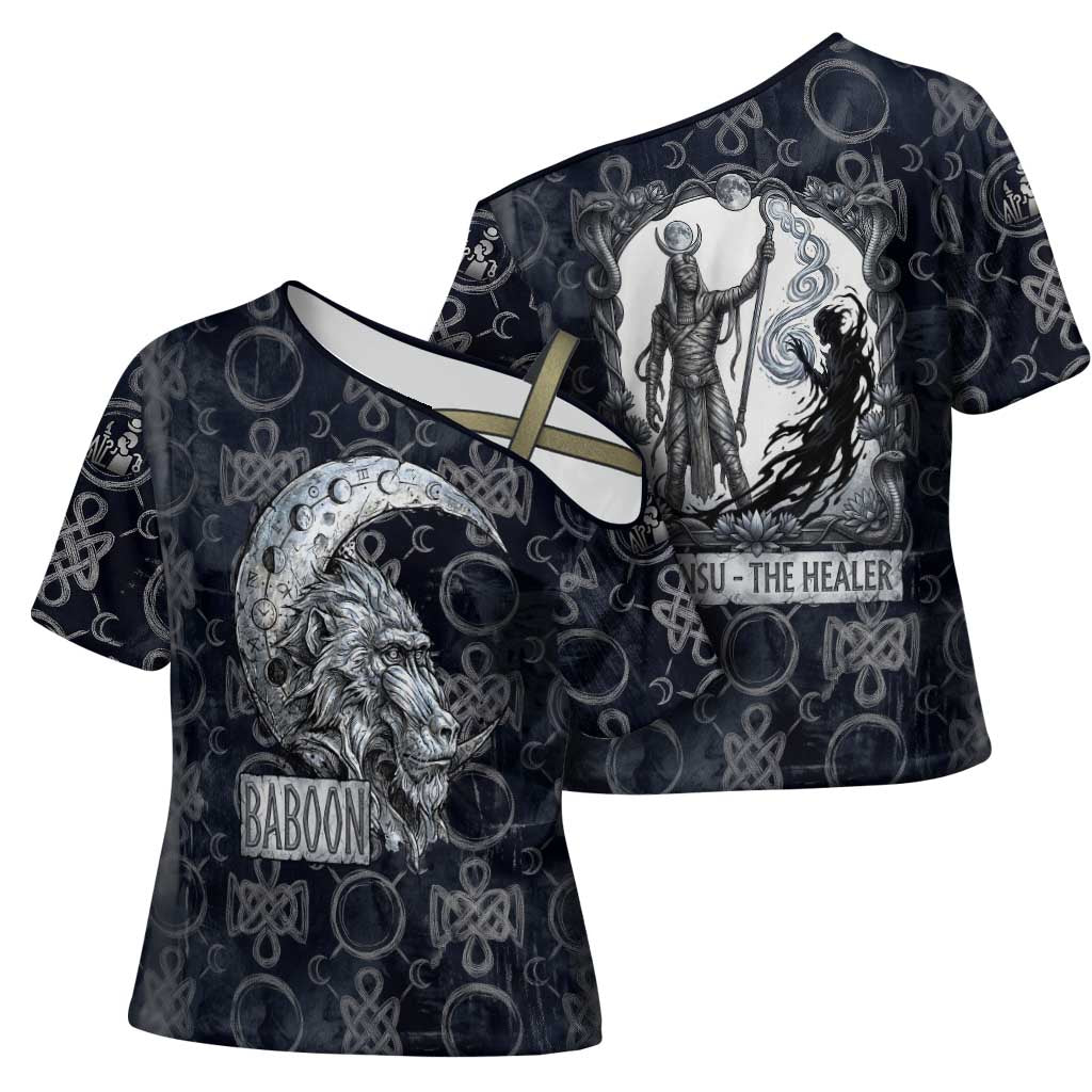 Khonsu Ancient Egyptian Cross Shoulder Shirt with Dark Celtic Knot Pattern, Baboon Guardian Symbol, and Moon Healer Motif - African Pride