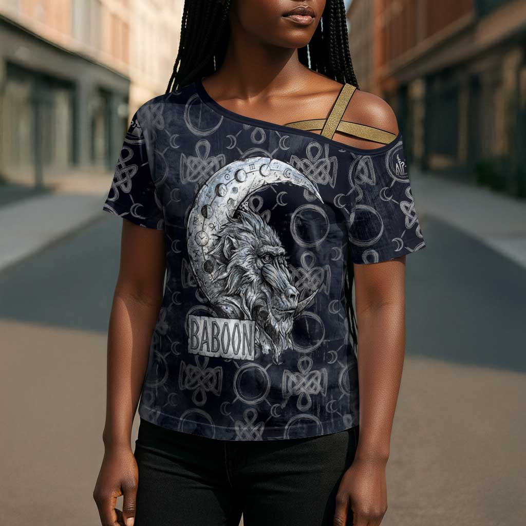 Khonsu Ancient Egyptian Cross Shoulder Shirt with Dark Celtic Knot Pattern, Baboon Guardian Symbol, and Moon Healer Motif - African Pride