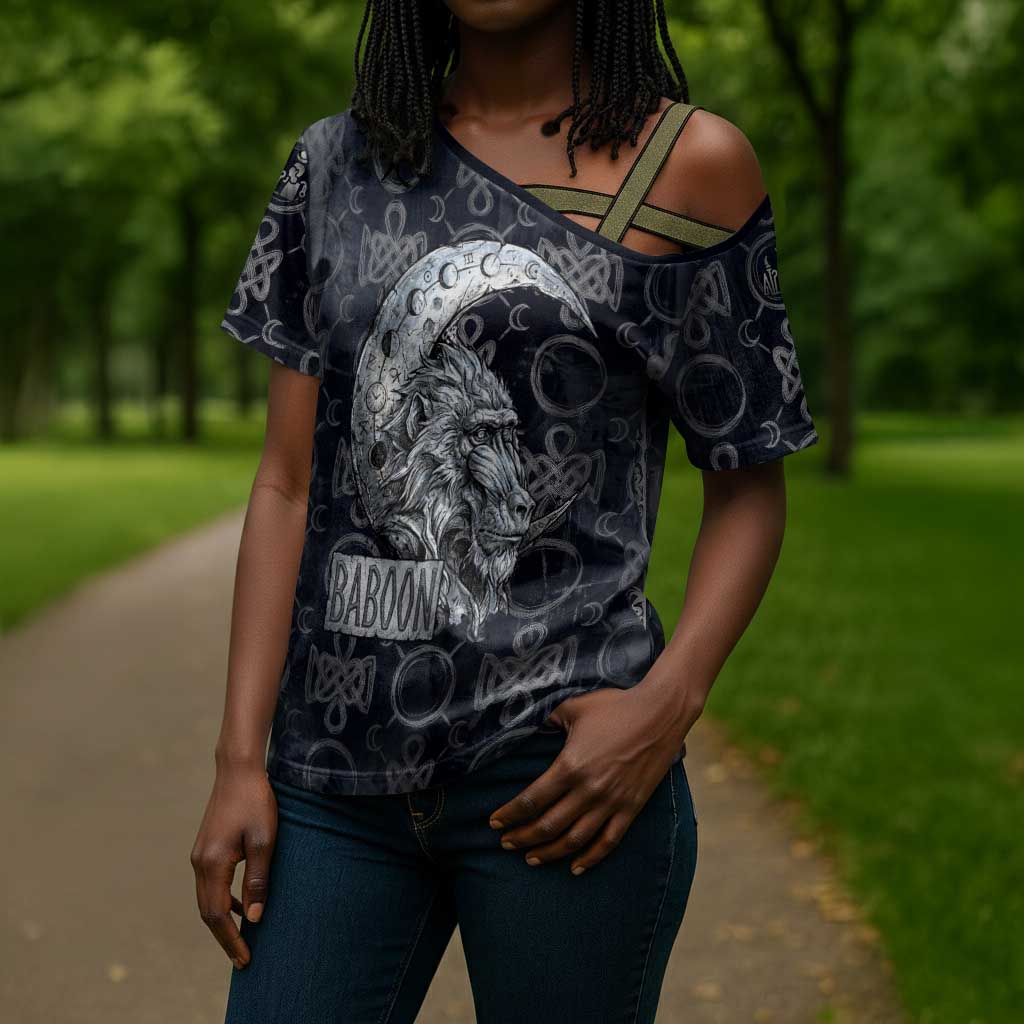 Khonsu Ancient Egyptian Cross Shoulder Shirt with Dark Celtic Knot Pattern, Baboon Guardian Symbol, and Moon Healer Motif - African Pride