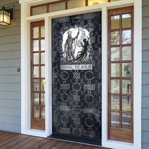Khonsu Ancient Egyptian Door Cover with Dark Celtic Knot Pattern, Baboon Guardian Symbol, and Moon Healer Motif - African Pride