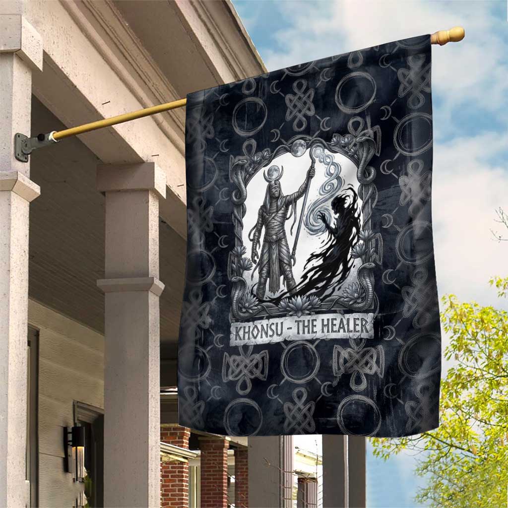 Khonsu Ancient Egyptian Garden Flag with Dark Celtic Knot Pattern, Baboon Guardian Symbol, and Moon Healer Motif - African Pride
