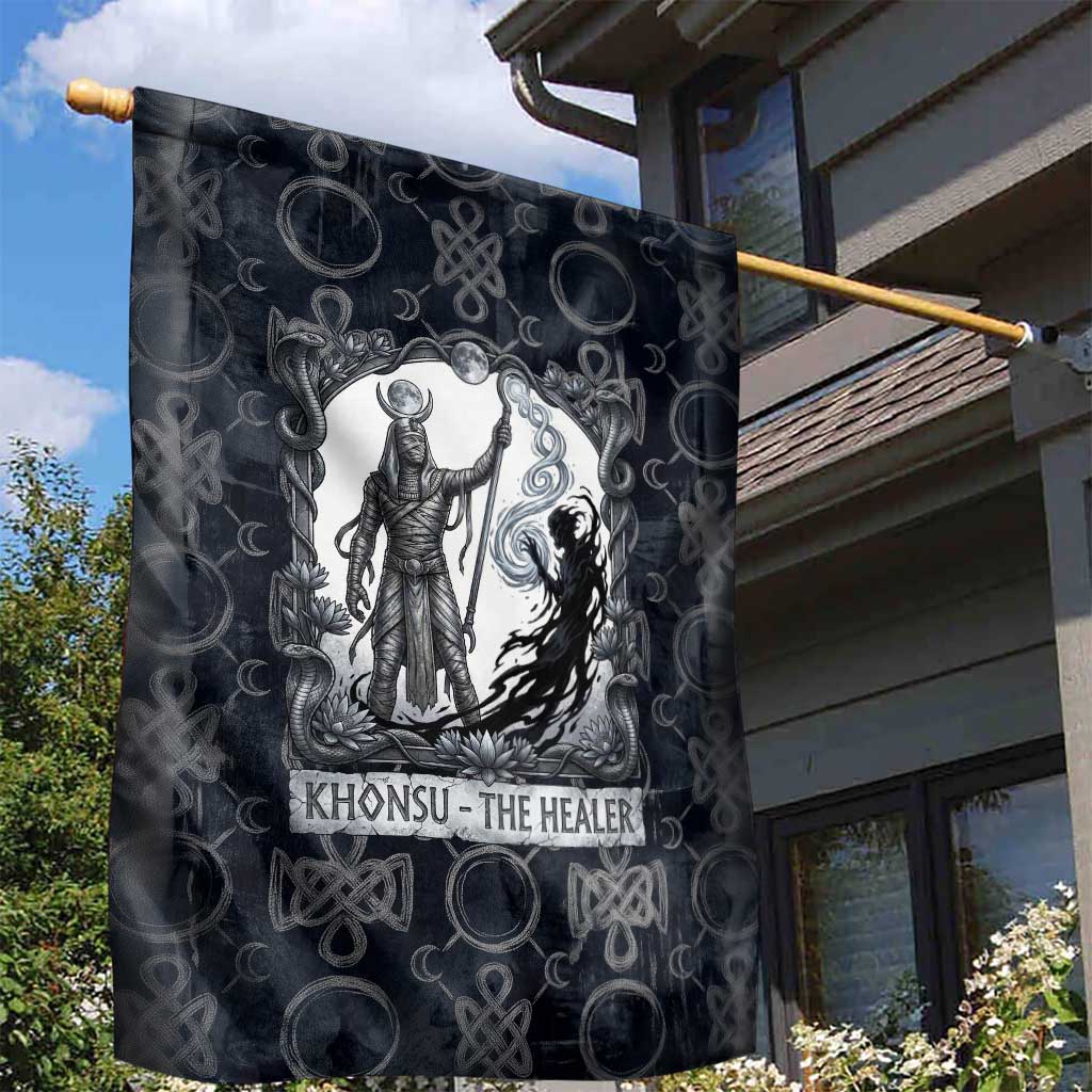 Khonsu Ancient Egyptian Garden Flag with Dark Celtic Knot Pattern, Baboon Guardian Symbol, and Moon Healer Motif - African Pride