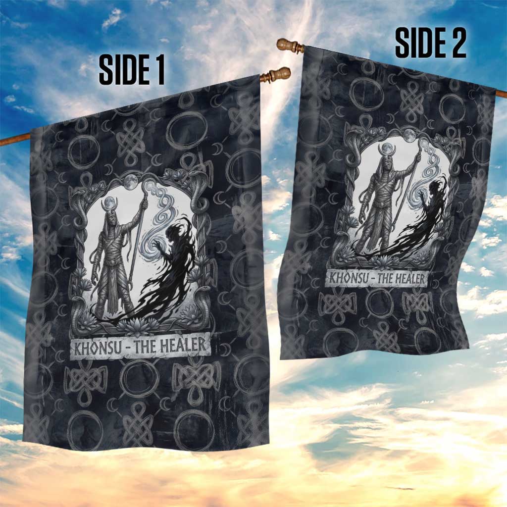 Khonsu Ancient Egyptian Garden Flag with Dark Celtic Knot Pattern, Baboon Guardian Symbol, and Moon Healer Motif - African Pride