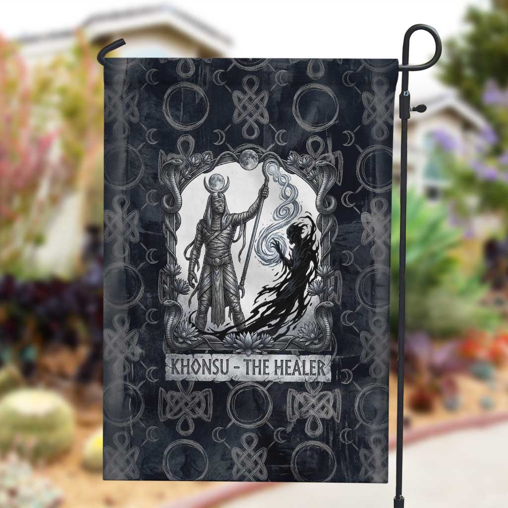 Khonsu Ancient Egyptian Garden Flag with Dark Celtic Knot Pattern, Baboon Guardian Symbol, and Moon Healer Motif - African Pride