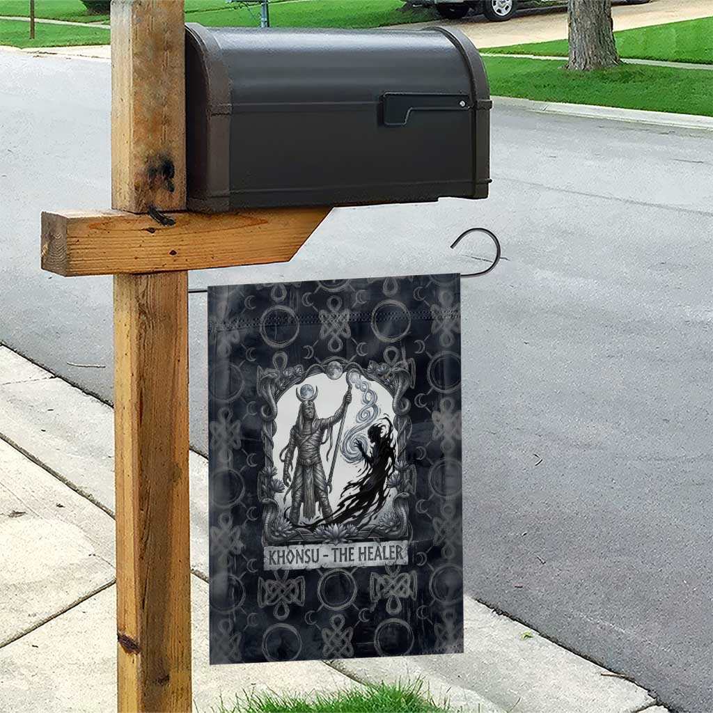 Khonsu Ancient Egyptian Garden Flag with Dark Celtic Knot Pattern, Baboon Guardian Symbol, and Moon Healer Motif - African Pride