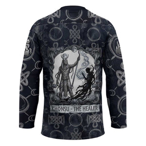 Khonsu Ancient Egyptian Hockey Jersey with Dark Celtic Knot Pattern, Baboon Guardian Symbol, and Moon Healer Motif - African Pride