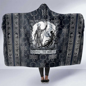 Khonsu Ancient Egyptian Hooded Blanket with Dark Celtic Knot Pattern, Baboon Guardian Symbol, and Moon Healer Motif - African Pride