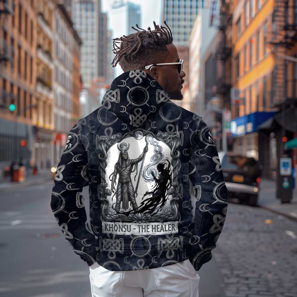 Khonsu Ancient Egyptian Hoodie with Dark Celtic Knot Pattern, Baboon Guardian Symbol, and Moon Healer Motif - African Pride