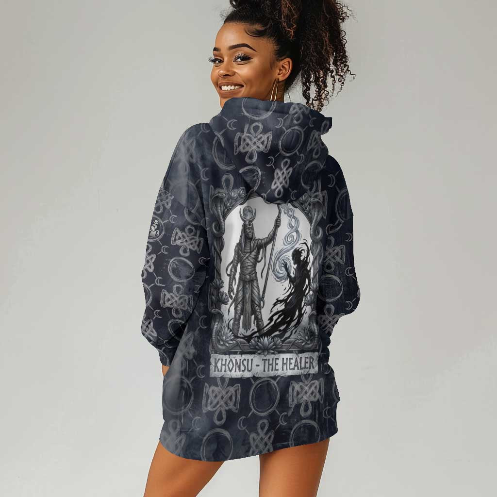 Khonsu Ancient Egyptian Hoodie Dress with Dark Celtic Knot Pattern, Baboon Guardian Symbol, and Moon Healer Motif - African Pride