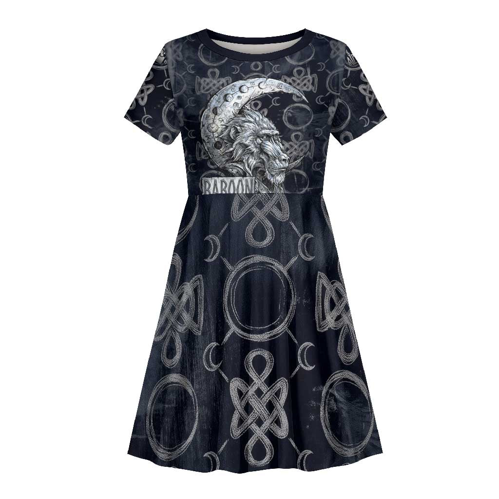Khonsu Ancient Egyptian Kid Short Sleeve Dress with Dark Celtic Knot Pattern, Baboon Guardian Symbol, and Moon Healer Motif - African Pride