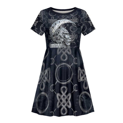 Khonsu Ancient Egyptian Kid Short Sleeve Dress with Dark Celtic Knot Pattern, Baboon Guardian Symbol, and Moon Healer Motif - African Pride