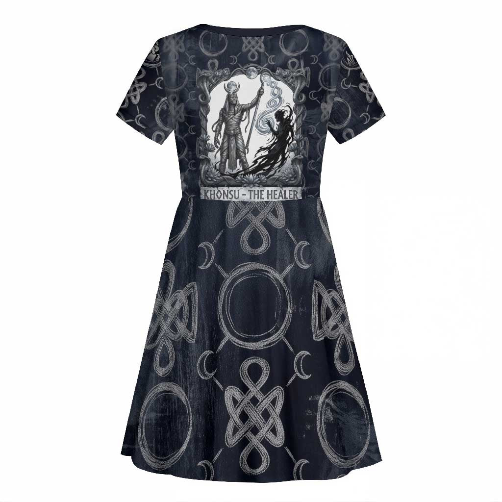 Khonsu Ancient Egyptian Kid Short Sleeve Dress with Dark Celtic Knot Pattern, Baboon Guardian Symbol, and Moon Healer Motif - African Pride