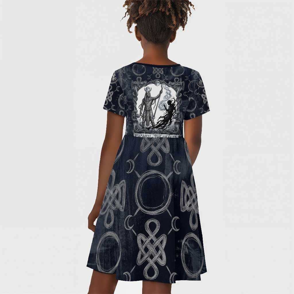 Khonsu Ancient Egyptian Kid Short Sleeve Dress with Dark Celtic Knot Pattern, Baboon Guardian Symbol, and Moon Healer Motif - African Pride