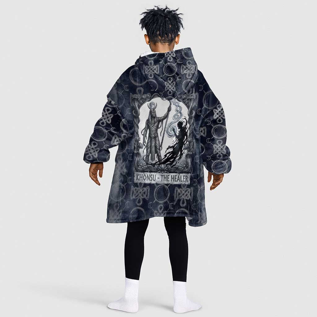 Khonsu Ancient Egyptian Kid Wearable Blanket Hoodie with Dark Celtic Knot Pattern, Baboon Guardian Symbol, and Moon Healer Motif - African Pride