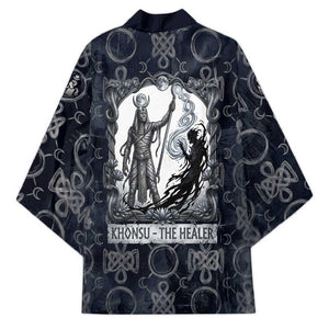 Khonsu Ancient Egyptian Kimono with Dark Celtic Knot Pattern, Baboon Guardian Symbol, and Moon Healer Motif - African Pride