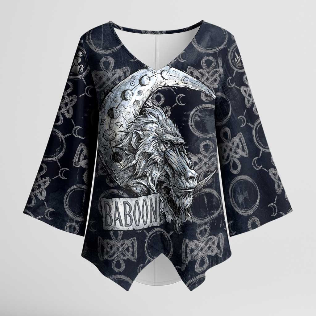 Khonsu Ancient Egyptian Kimono Sleeve Blouse with Dark Celtic Knot Pattern, Baboon Guardian Symbol, and Moon Healer Motif - African Pride