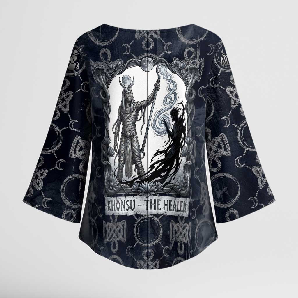 Khonsu Ancient Egyptian Kimono Sleeve Blouse with Dark Celtic Knot Pattern, Baboon Guardian Symbol, and Moon Healer Motif - African Pride
