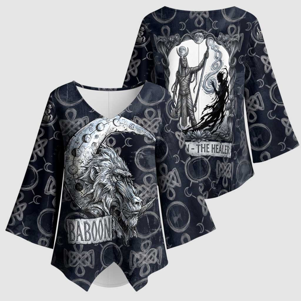 Khonsu Ancient Egyptian Kimono Sleeve Blouse with Dark Celtic Knot Pattern, Baboon Guardian Symbol, and Moon Healer Motif - African Pride