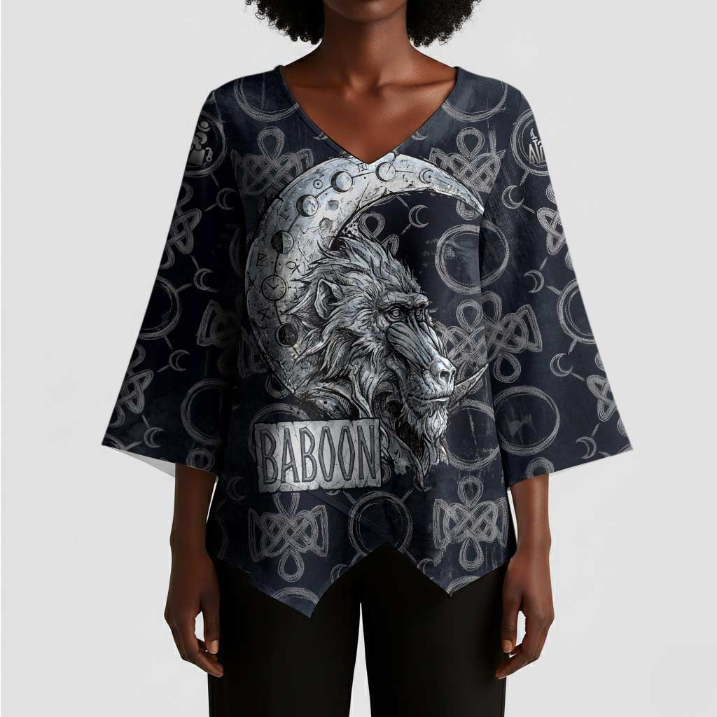 Khonsu Ancient Egyptian Kimono Sleeve Blouse with Dark Celtic Knot Pattern, Baboon Guardian Symbol, and Moon Healer Motif - African Pride