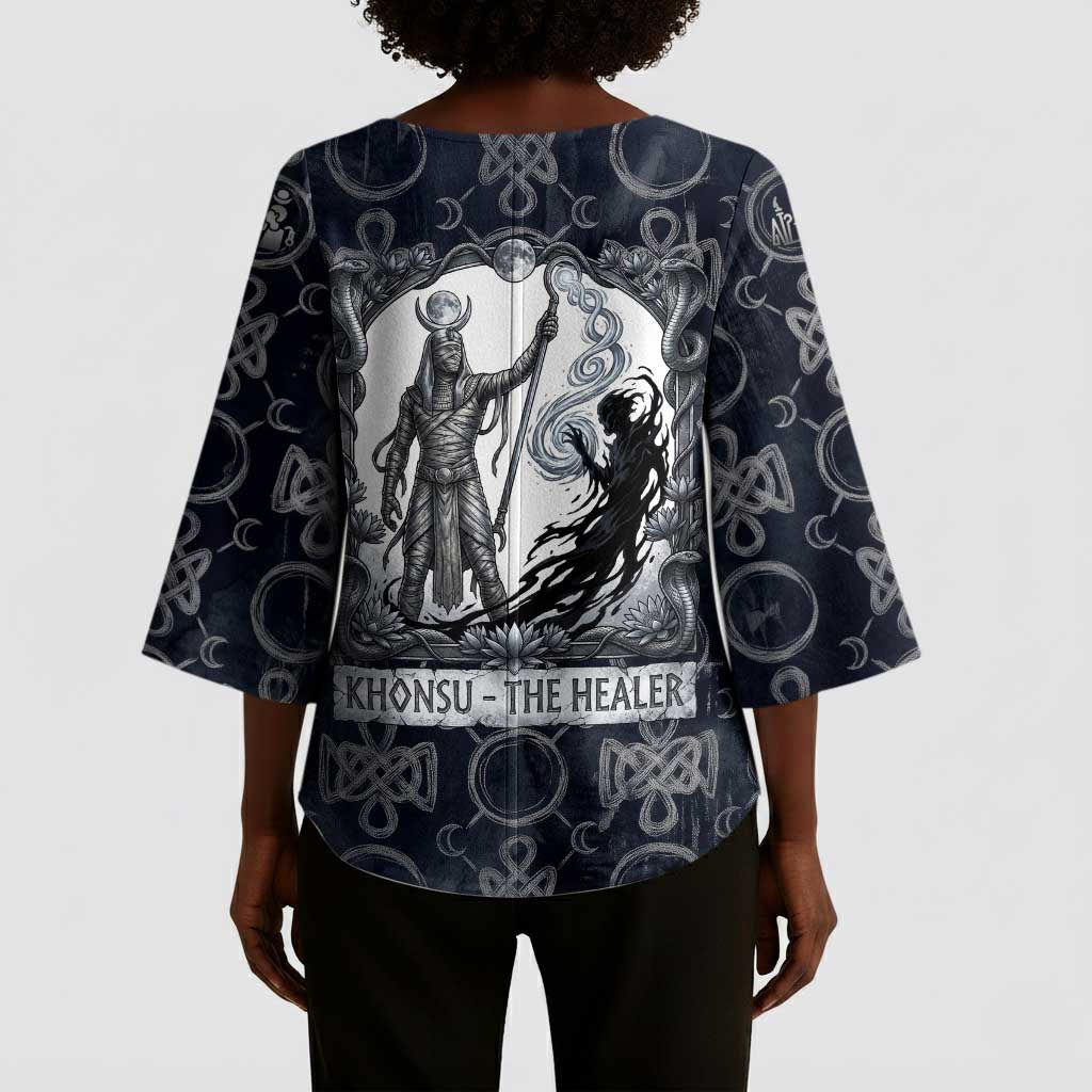 Khonsu Ancient Egyptian Kimono Sleeve Blouse with Dark Celtic Knot Pattern, Baboon Guardian Symbol, and Moon Healer Motif - African Pride
