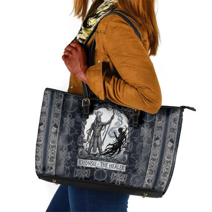 Khonsu Ancient Egyptian Leather Tote Bag with Dark Celtic Knot Pattern, Baboon Guardian Symbol, and Moon Healer Motif - African Pride