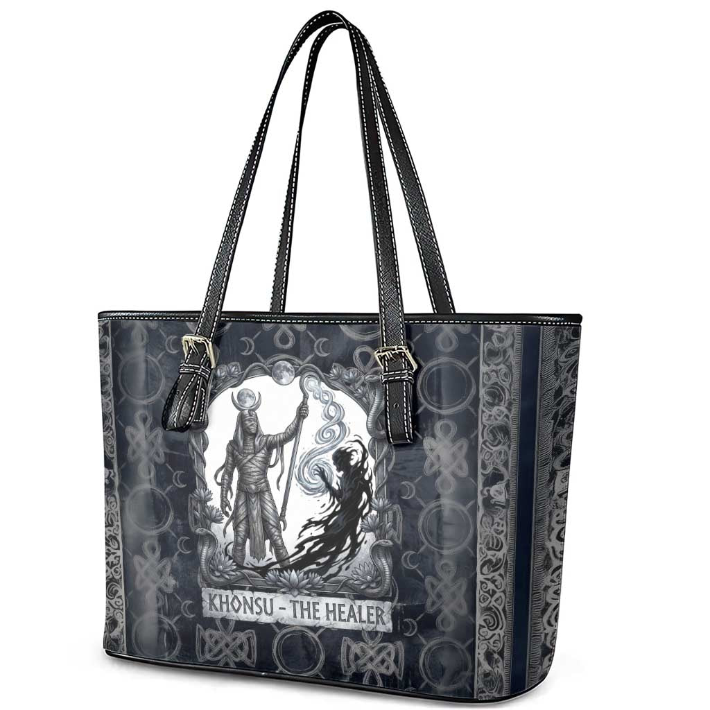 Khonsu Ancient Egyptian Leather Tote Bag with Dark Celtic Knot Pattern, Baboon Guardian Symbol, and Moon Healer Motif - African Pride