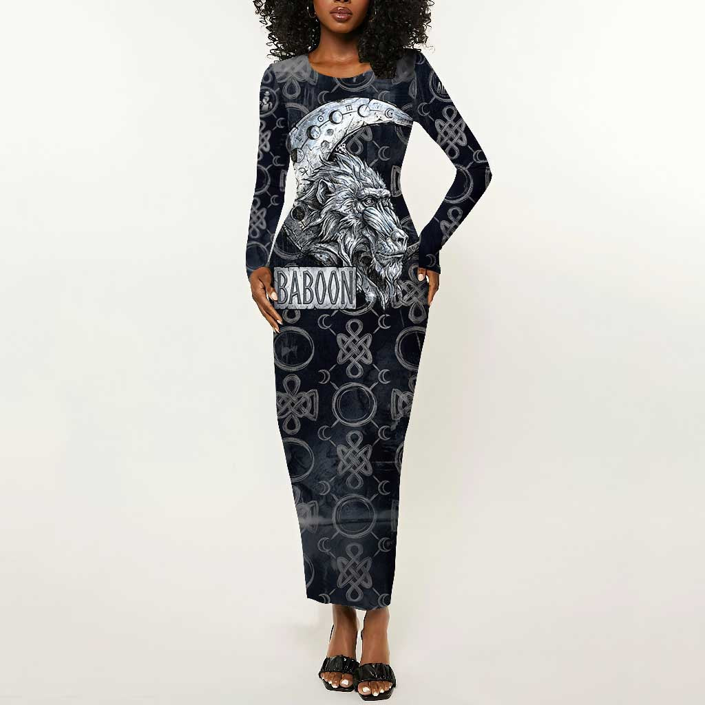 Khonsu Ancient Egyptian Long Sleeve Bodycon Dress with Dark Celtic Knot Pattern, Baboon Guardian Symbol, and Moon Healer Motif - African Pride